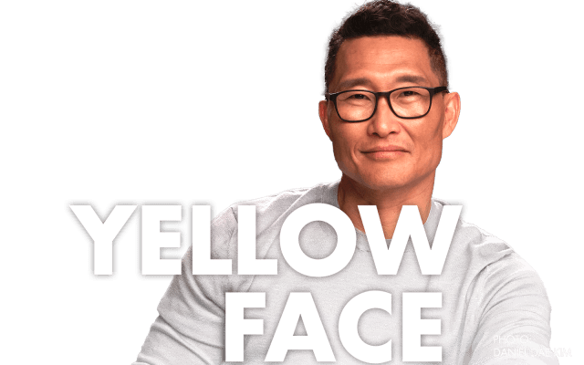 A maroon background with Daniel Dae Kim's picture and the title of the play Yellow Face written over it. 