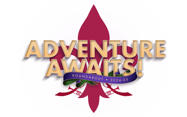 A purple argyle background with a fleur de lis icon in maroon and gold text that says Adventure Awaits over the top of it. 