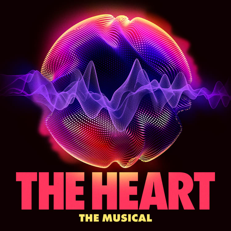 The Heart The Musical. A glowing, neon orb made of sound waves and heart rhythms swirls in a black space. A light outline of two faces resides on either side of the shape's glowy edge.