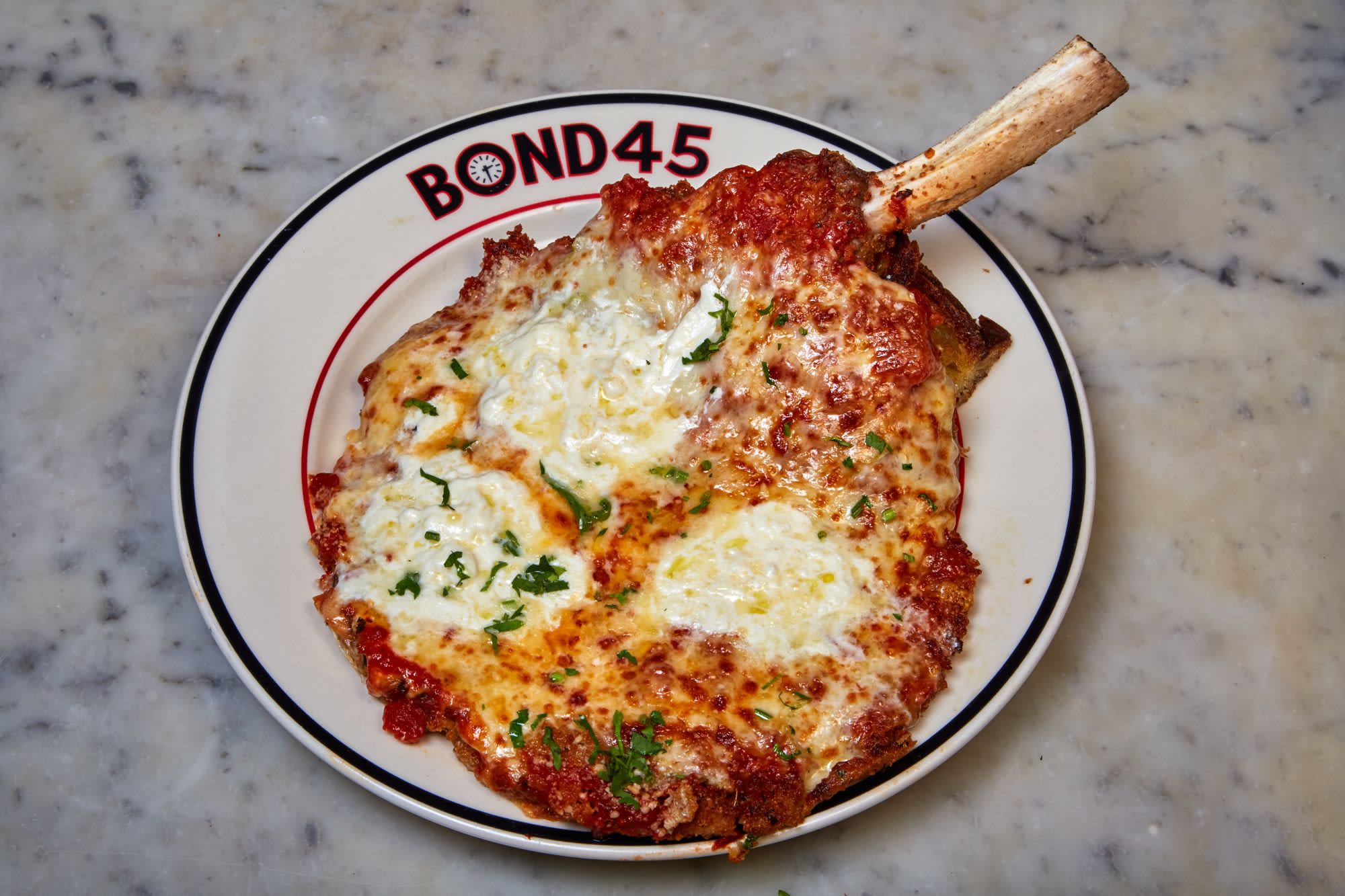 Pork Parmasean on Bond 45 branded plate