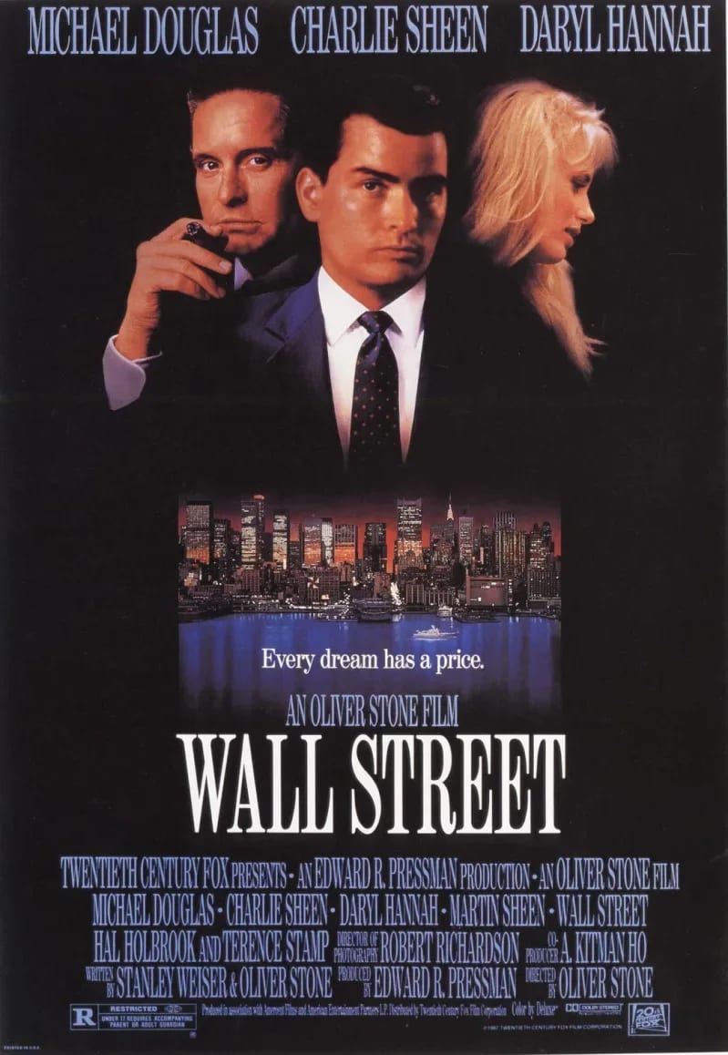 A young, light-skinned man in a tie and suit, an older man smoking a cigar, and a blonde woman loom over the skyline of New York.