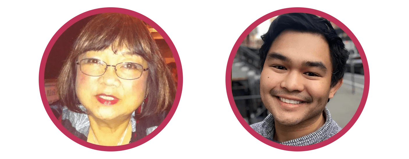 Portrait photos of Gaven D. Trinidad and Jeannie Barroga cropped into circles with a light red border.