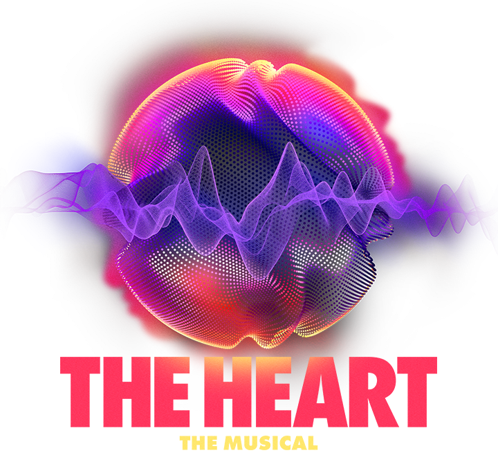 The Heart The Musical. A glowing, neon orb made of sound waves and heart rhythms swirls in a black space. A light outline of two faces resides on either side of the shape's glowy edge.