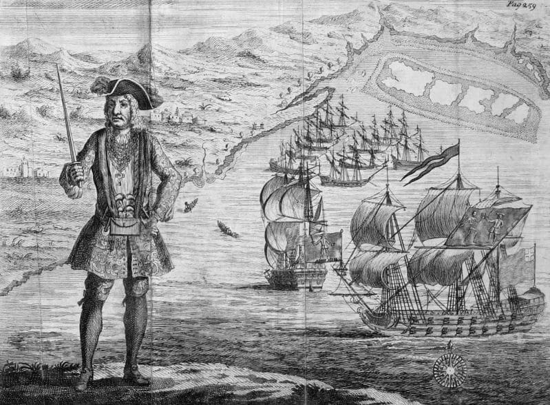 An illustration of Welsh pirate Bartholomew Roberts in the 1724 edition of General History of the Pyrates.