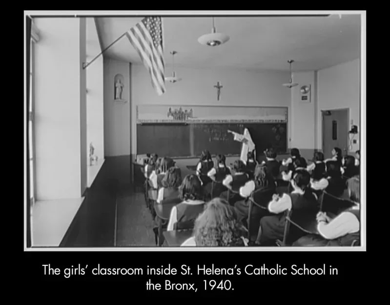 The girls' classroom inside St. Helena's Catholic School in the Bronx, 1940.