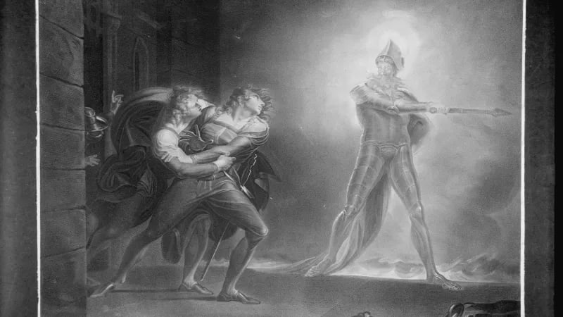 Act 1, Scene 4, of Shakespeare's HAMLET, showing Hamlet, Horatio, Marcellus, and the Ghost. Woodcut by R. Thew after a painting by H. Fuseli. Published by J. & J. Boydell, London, 1796.