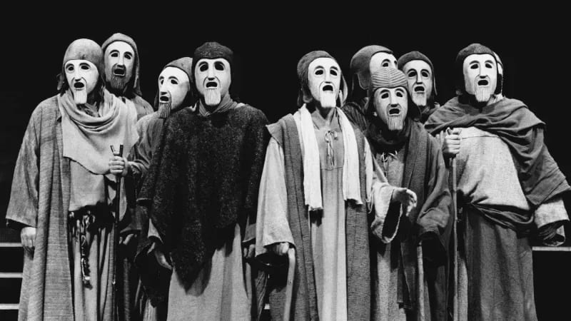 Masked actors portray the Chorus of Old Men of Argos in THE ORESTIA by Aeschylus at the National Theatre, London, in 1981.