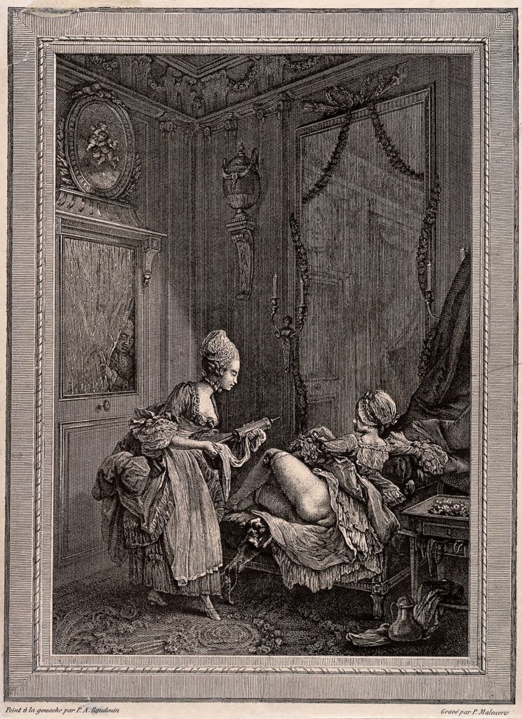 A man peers into an ornate bedroom as a woman holds a large syringe over another woman whose buttocks are exposed.