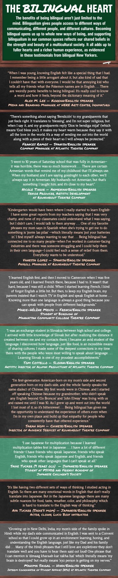 A graphic of a long list of quotes from people in the theatre community talking about their experiences being bilingual.