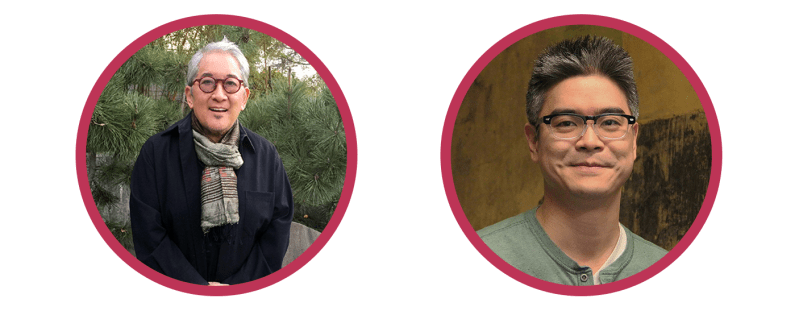 PHILIP KAN GOTANDA (left) is a middle aged AAPI man with white hair wearing round glasses, black coat, and a scarf. Lloyd Suh (right) is a middle aged AAPI man wearing square glass and a green shirt. 