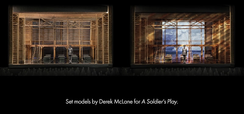 Left, a stage with wooden, slatted scaffolding along the back and sides. A lone soldier stands center. Right, a stage with wooden, slatted scaffolded around three sides, open at the back to reveal a b