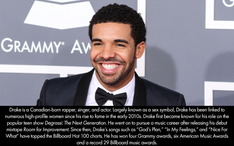 Drake, a medium-dark skinned man with a beard in a tuxedo, poses at the Grammy Awards. He's a singer, rapper, and actor.
