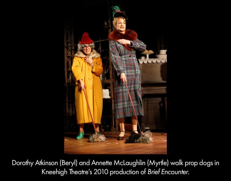 Dorothy Atkinson and Annette McLaughlin walk prop dogs in Kneehigh Theatre's 2010 production of BRIEF ENCOUNTER. 