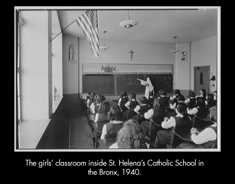 The girls' classroom inside of St. Helena's Catholic School in the Bronx, 1940. A nun teaches to a group of students.