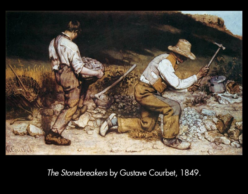 A painting called The Stonebreakers by Gustave Courbet, 1849. Two men in torn, patched clothing carrying stones and smashing stones with a hammer.