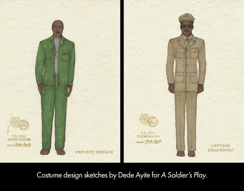 Left, a black pen drawing on white paper of a tall, thin man in a military suit, dark sunglasses, and hat; right, a black pen drawing on white paper of a tall, thin man in military shirt and pants wit