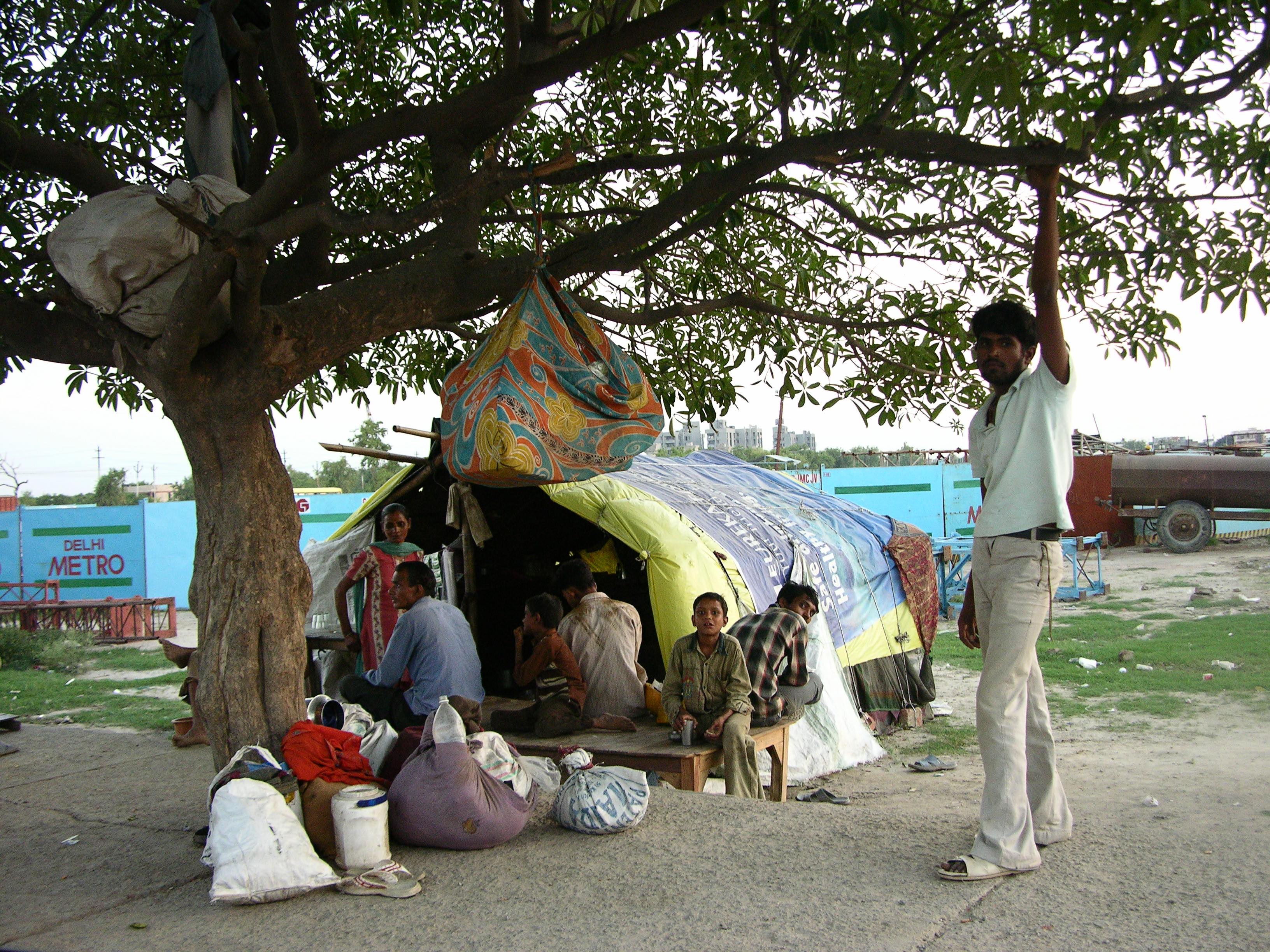 A charpoy, including a tiny one for the child, some matkas full of water, a few utensils, low branches for hanging clothes — this Saptaparni tree shelters a migrant family as they race to complete their jhuggi (seen behind) before the rain. 


