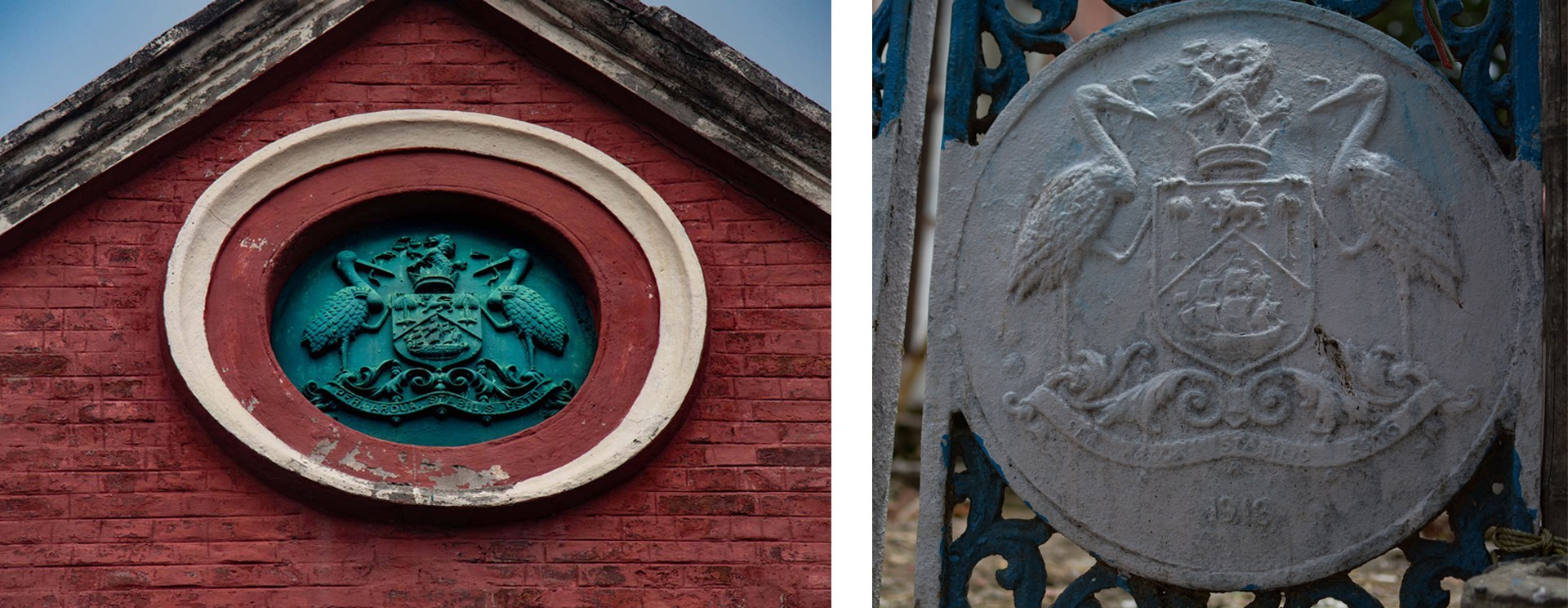 A closer look at the emblem reveals the British crown and two storks with serpents in their beaks. This was the coat of arms awarded to the Calcutta Municipal Corporation under English rule. It is unclear whether the bird was chosen for its role in waste management or simply because they were everywhere. The same crest also marks a wrought-iron gate on Kolkata’s Alimuddin Street, near the Municipal Office. Photos: Masudur Rahim Rubai