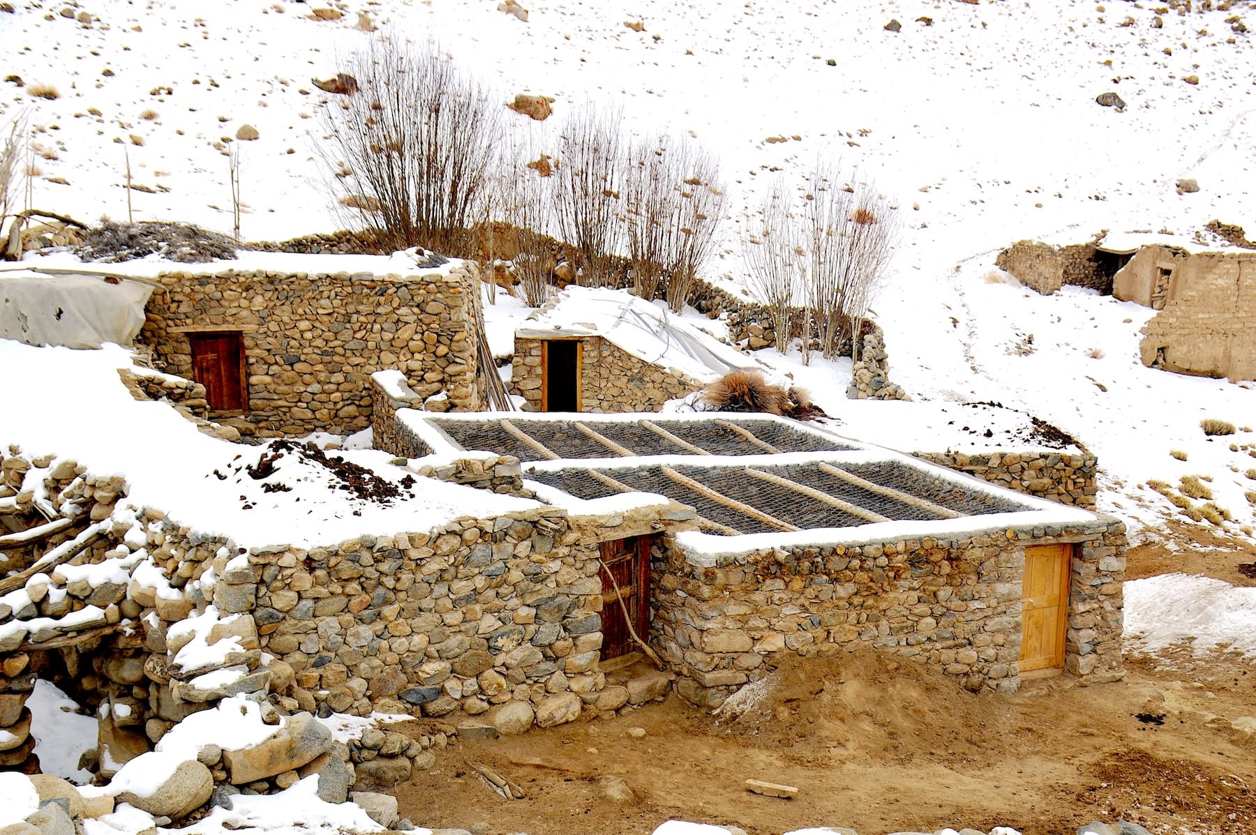 In Ulley village, a roof mesh is put in place to prevent snow leopards from entering the shed and attacking livestock.  Photo: Khursheed Dinshaw