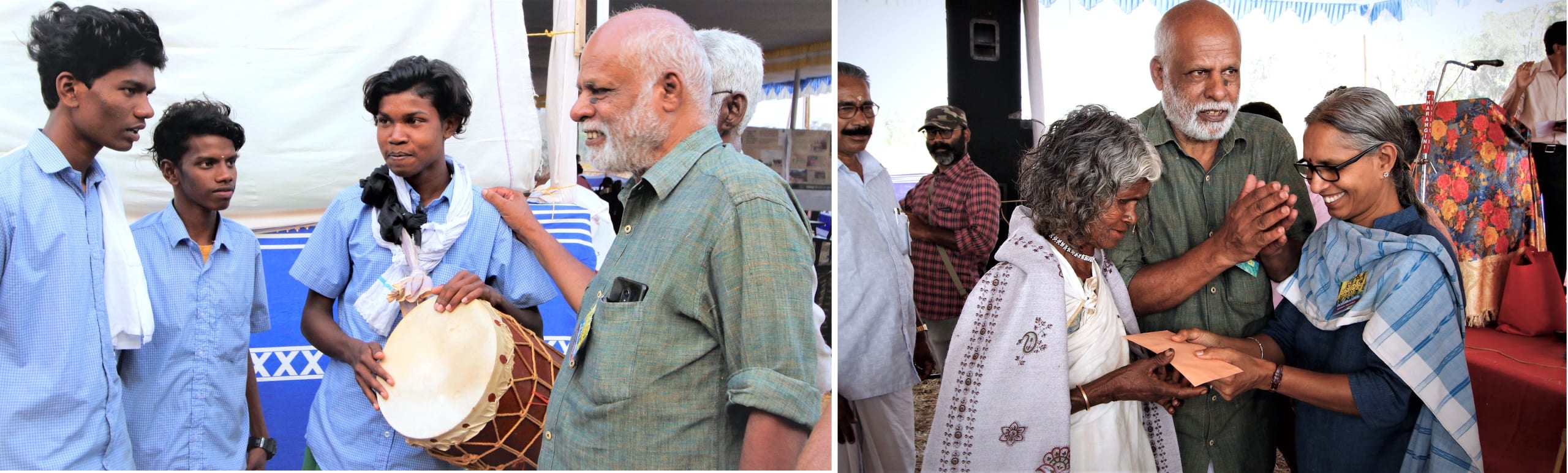 Badusha considers the upliftment of Wayanad’s marginalised tribal communities a cause close to his heart. Here he engages with Katunayaka tribal youth (left) and felicitates a tribal farmer (right) along with Usha Soolapani from the NGO Thanal at events held in Muthanga, Wayanad, in 2019. 