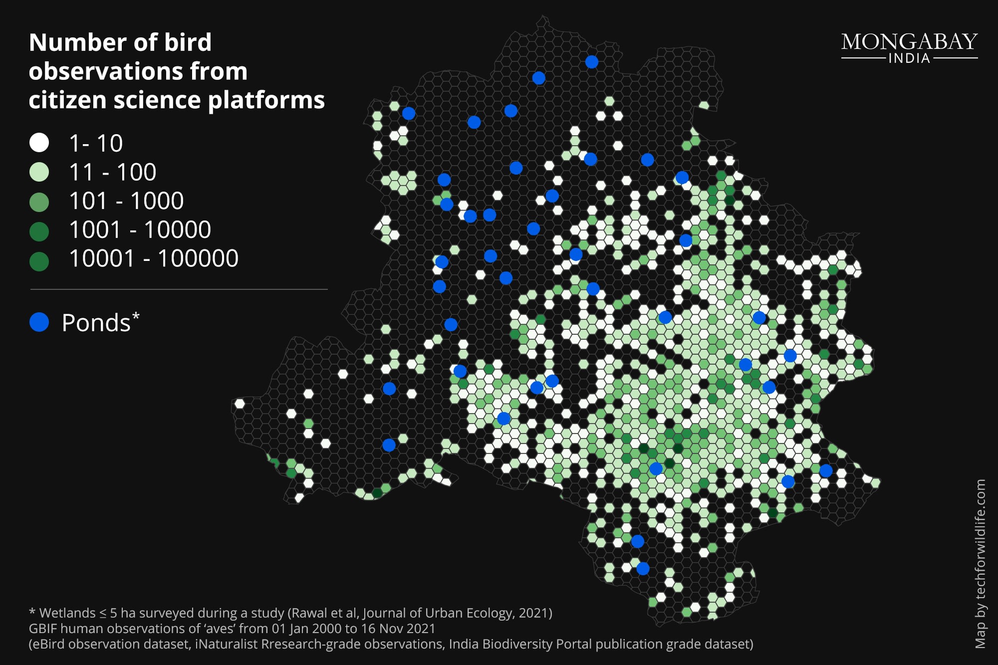 The 39 ponds surveyed by the researchers had negligible historical data and observations recorded through citizen science platforms. Map: Technology for Wildlife.
