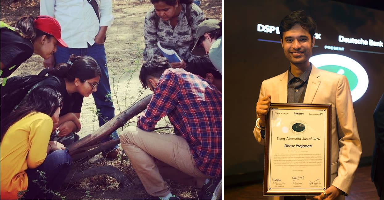 (Left) Dhruv and others examine the spiders they spot in the field.(Right) At 24, Dhruv was awarded the prestigious Young Naturalist Award in 2016 by Sanctuary Nature Foundation. Photos courtesy: Dhruv Prajapati