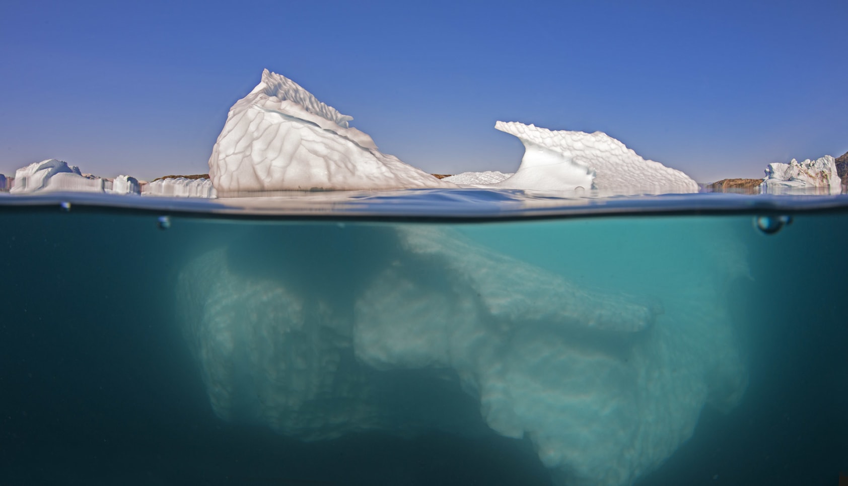 In Greenland, the only thing larger than whales are icebergs. Until you get in the water, you do not understand just how big they are, says Dhritiman. Above the water, the icebergs are hard, sharp, and sculpted, but viewed from underwater they take on a softness and otherworldly quality. 