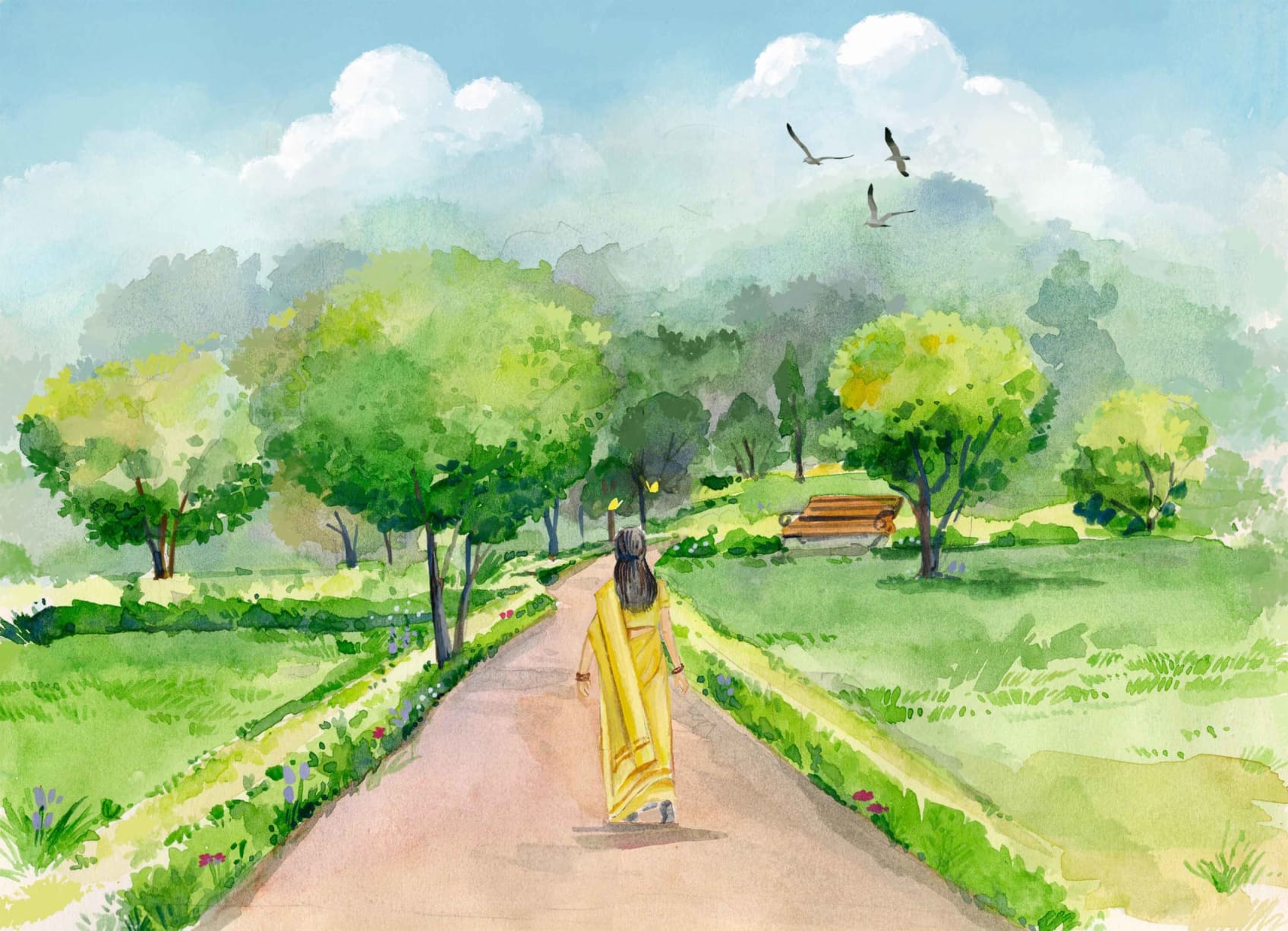 Mother walking through garden with birds and common yellow grass butterfly