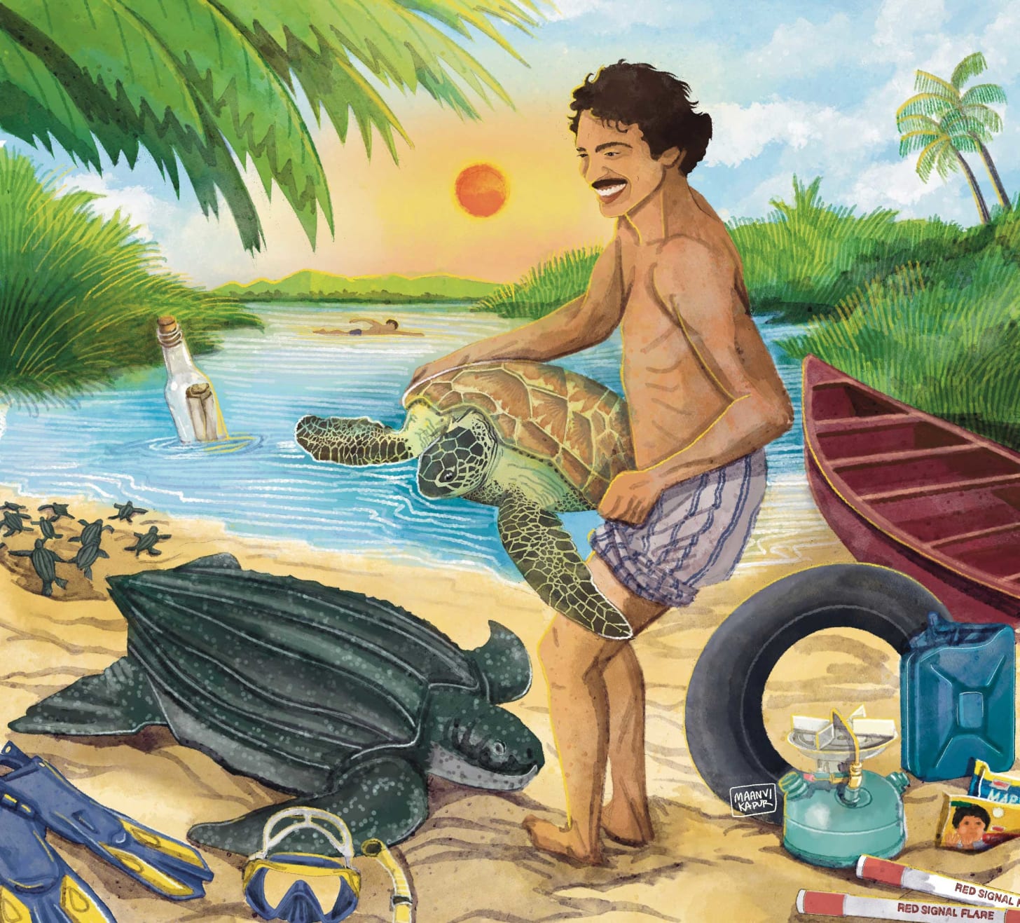 Birds eye view of Suheli to show dark monsoon clouds, with a dead shark on one end of the island and green turtles nesting and a bottle with a message floating into the sea    