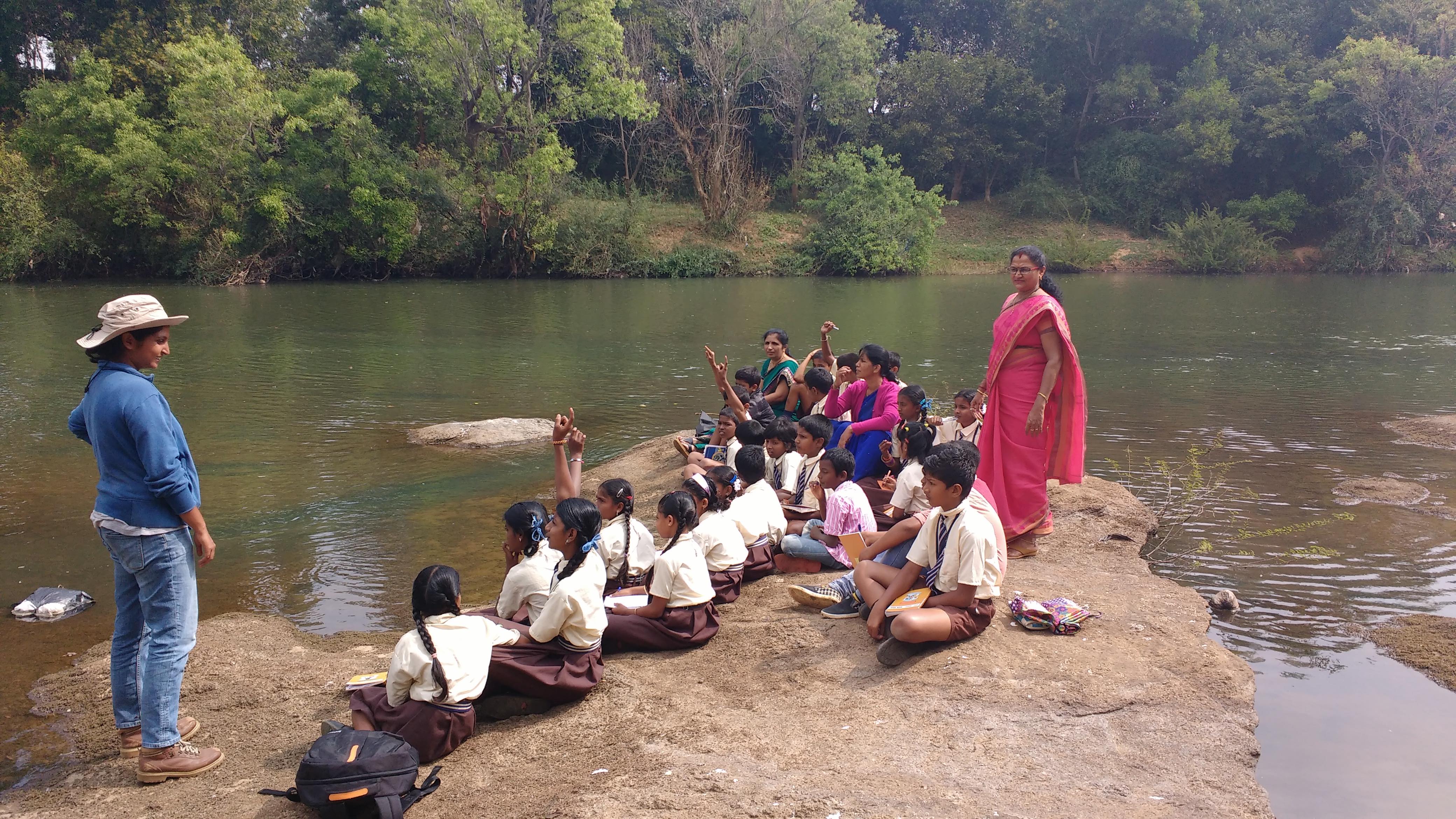 Neethi Mahesh revives traditional methods and practices of conservation to protect riverside habitats along the Kaveri in Karnataka. Involving children in conservation is an integral part of her effort. Photo courtesy: The Habitats Trust

