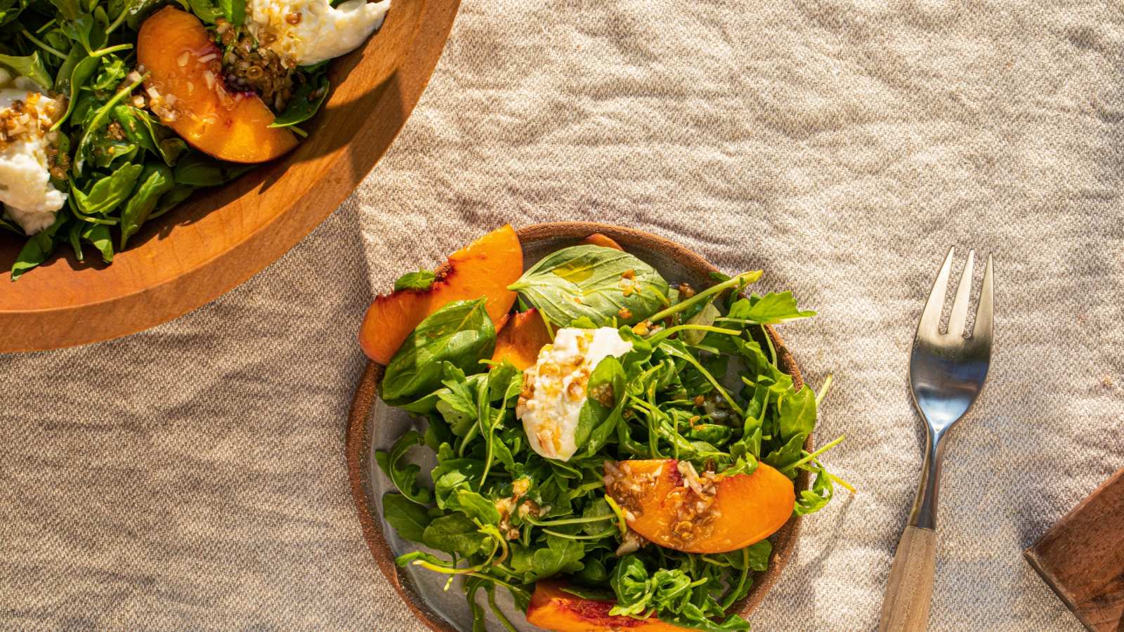 Peaches, Arugula & Burrata with Coriander Vinaigrette