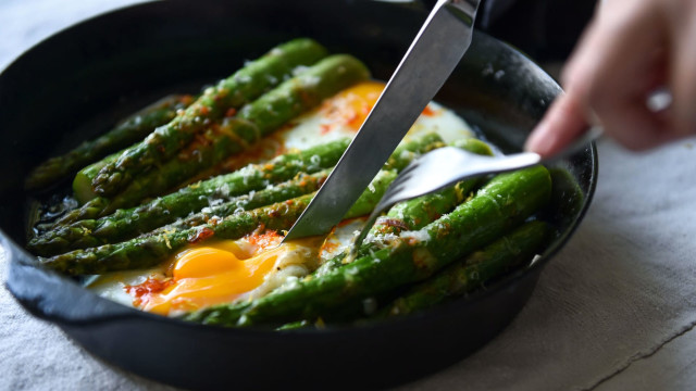Roasted Asparagus & Cracked Eggs with Shallots, Lemon & Chile