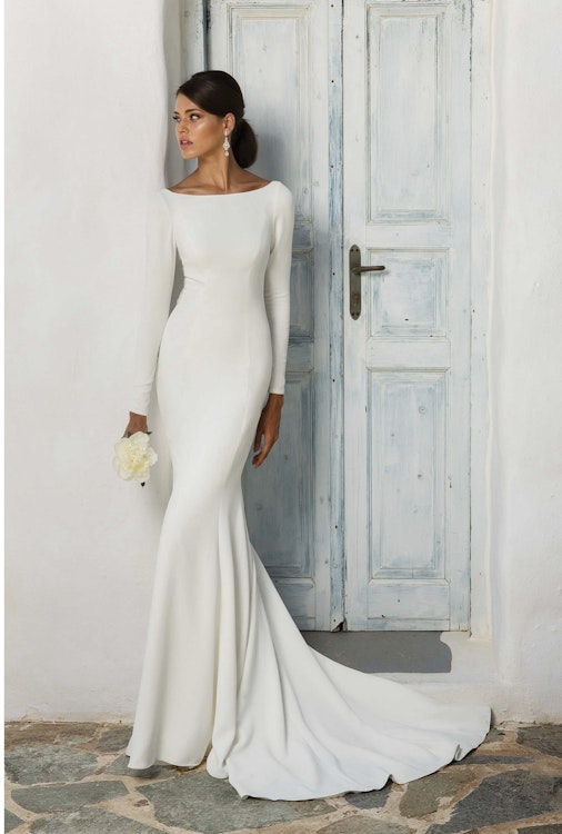 navy blue dress for baby girl Justin Alexander Crêpe Long Sleeve Backless Wedding Gown