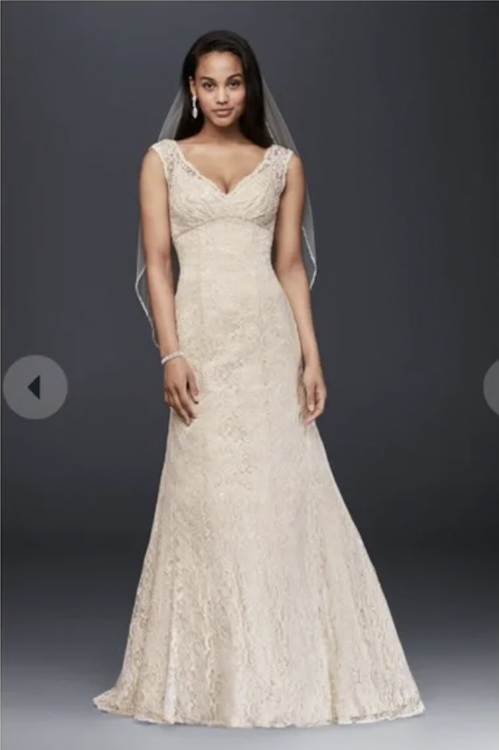 beaded lace trumpet wedding dress High Sheer Back Beaded Lace Trumpet Wedding Dress with Cap Sleeve White / 22W main image 0