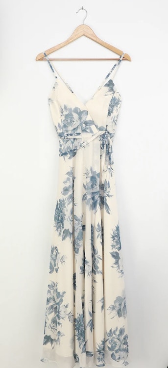 Elegantly Inclined Cream and Blue Floral Print Wrap Maxi Dress | rowely