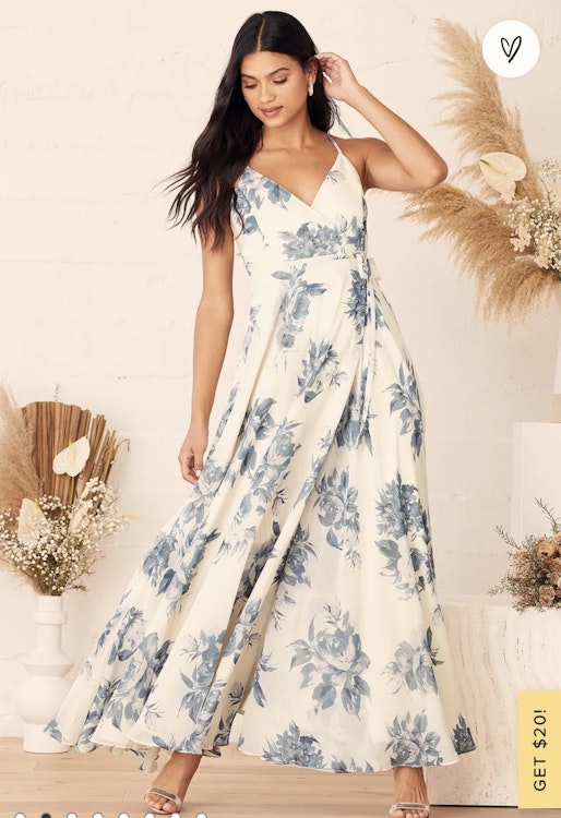 Elegantly Inclined Cream and Blue Floral Print Wrap Maxi Dress | rowely