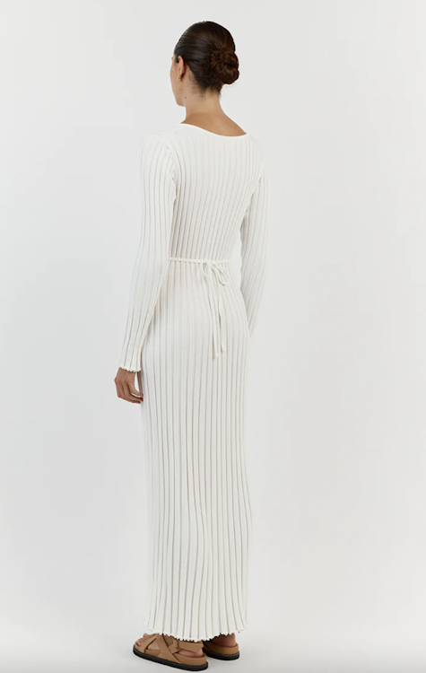 REIGN WHITE SLEEVED KNIT MIDI DRESS | rowely
