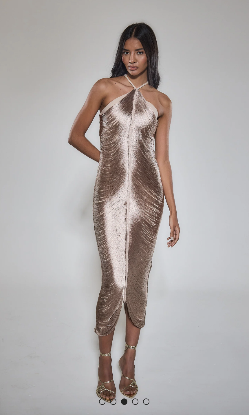Rare London Gold Fringe Halter Maxi