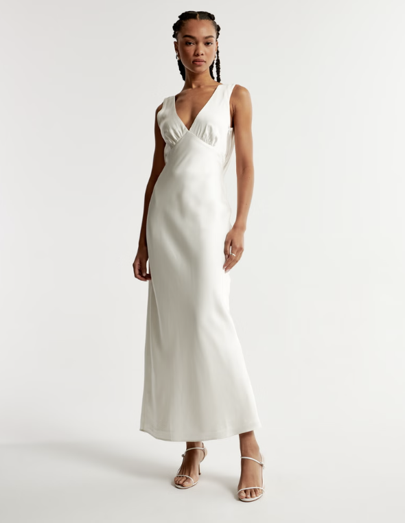 abercrombie satin cowl back slip midi dress Women's The A&F Julia Slip Cowl Back-Bow Maxi Dress in Pearl | Size XL TALL