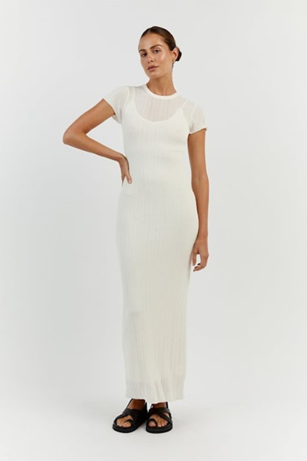knee length dresses for ladies APRIL WHITE KNIT/RAMIE MIDI DRESS – DISSH