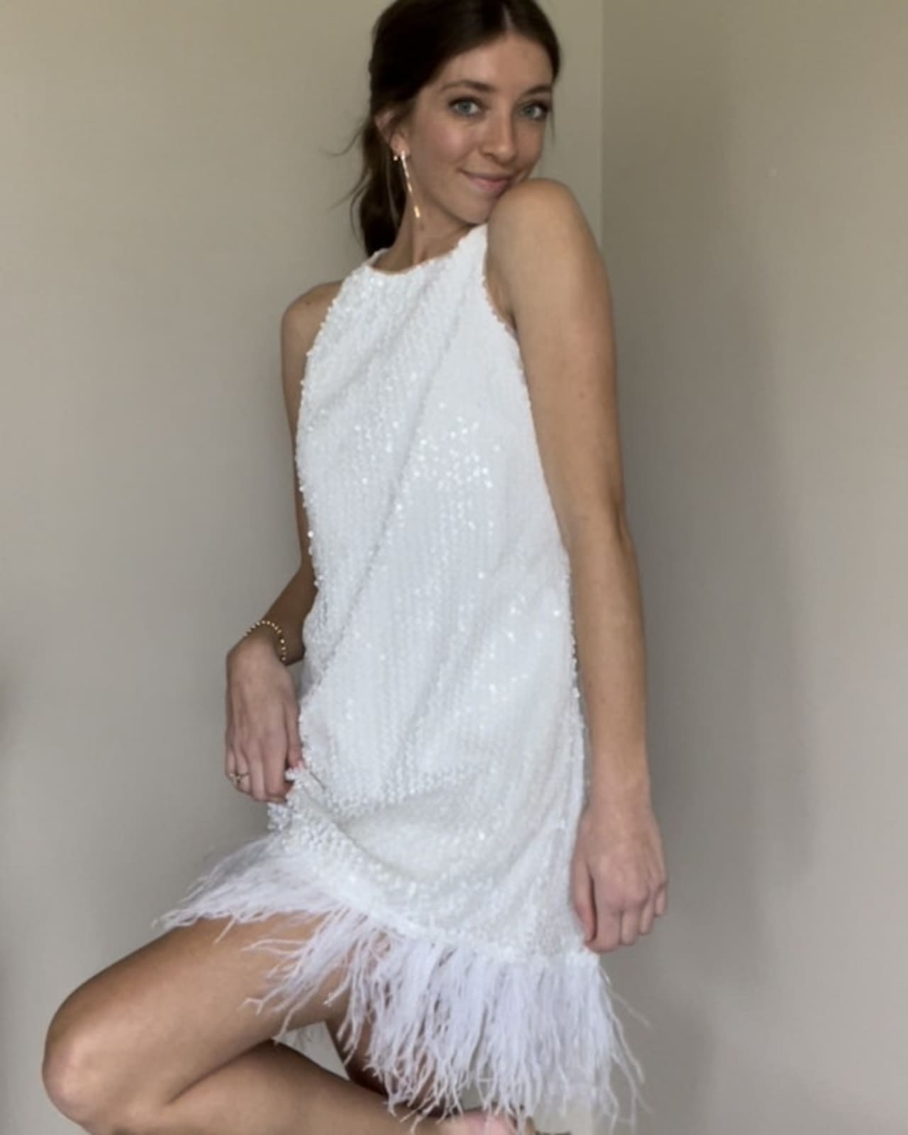 HAND-SEQUINED TRAPEZE HALTER DRESS WITH FEATHER TRIM IN IVORY | rowely