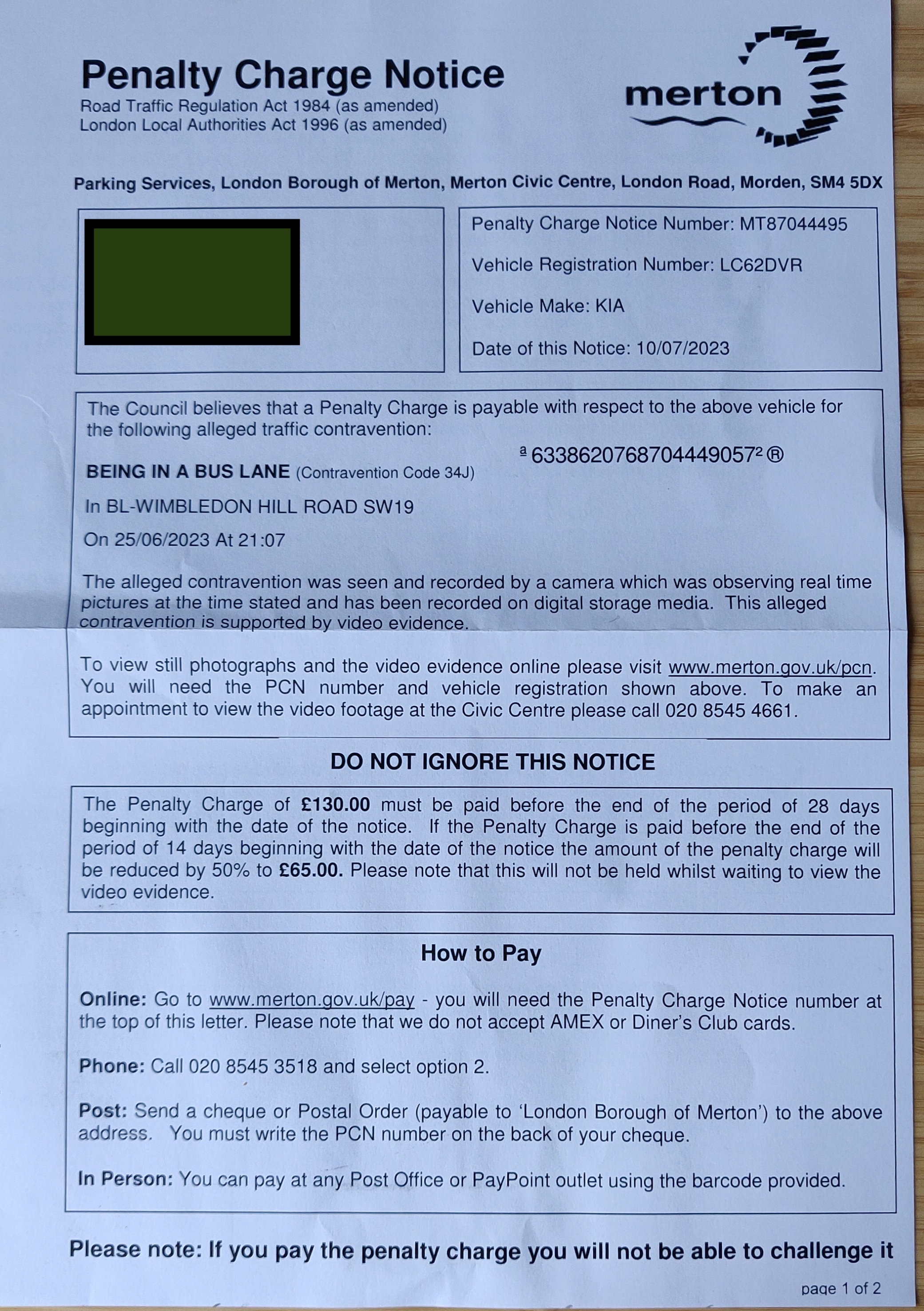 Merton, code 34J being in a bus lane, Wimbledon Hill Road SW19, Date of