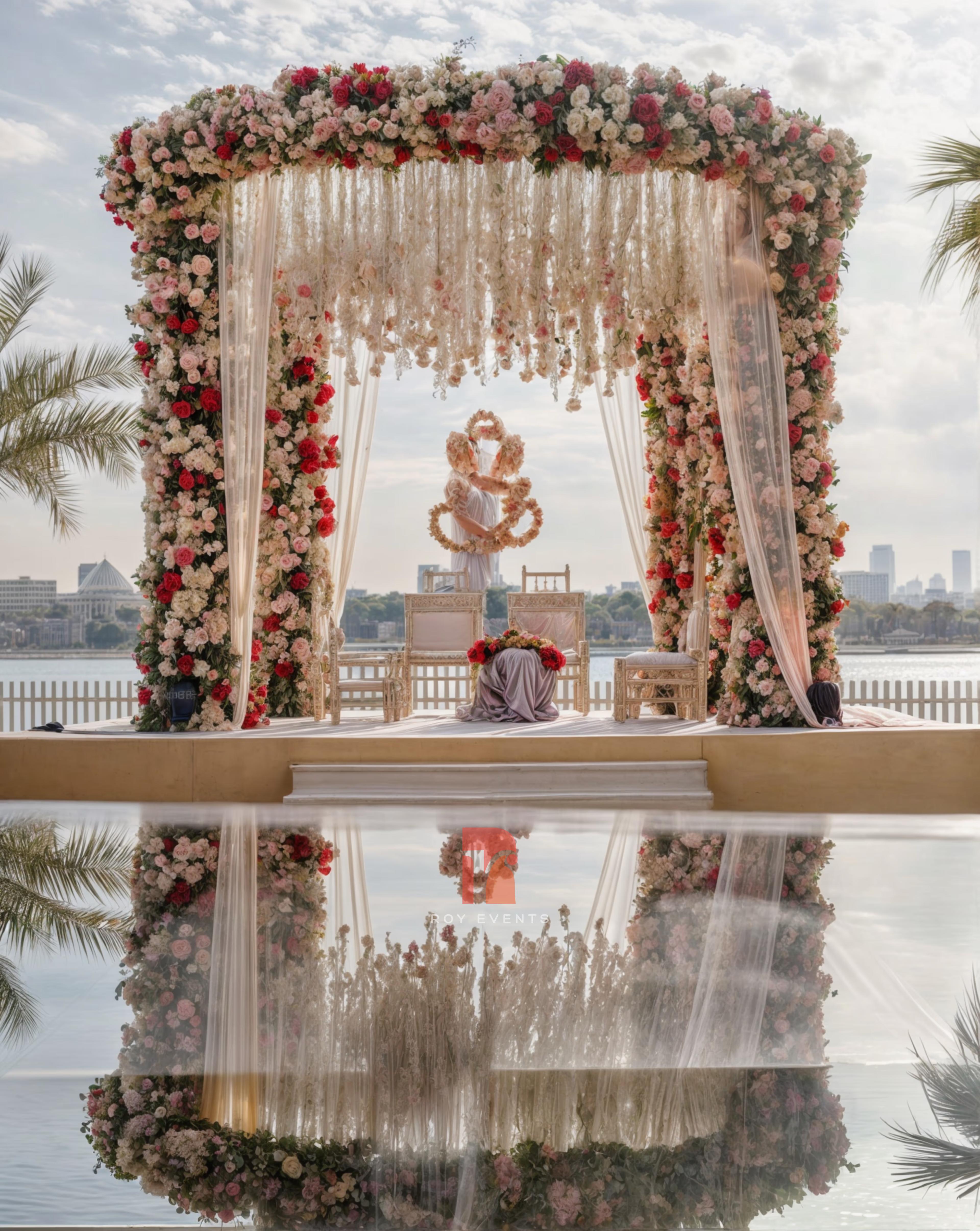 Romantic Outdoor Mandap with Floral Canopy and City Skyline View