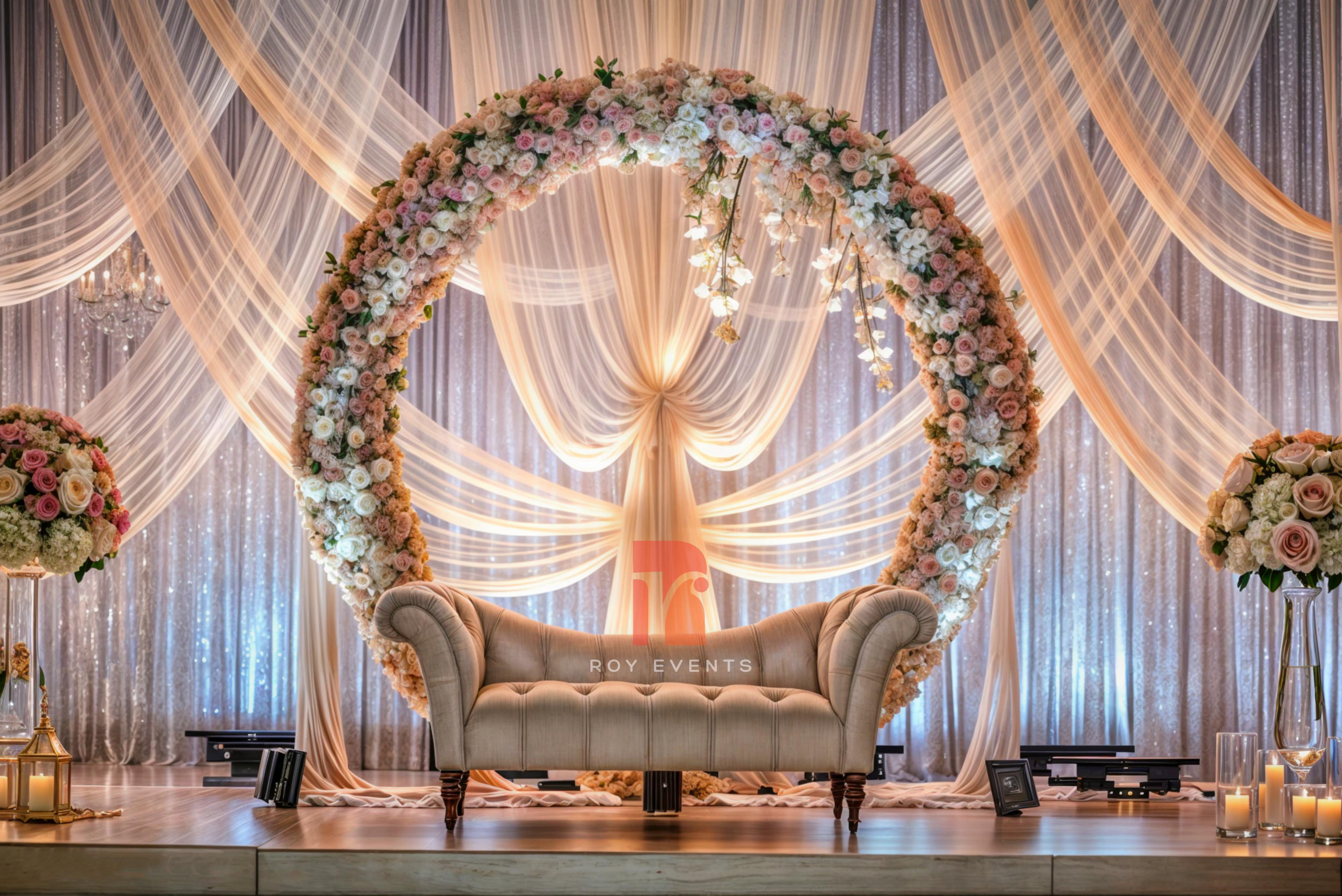 Romantic Floral Arch with Peach and Silver Backdrop