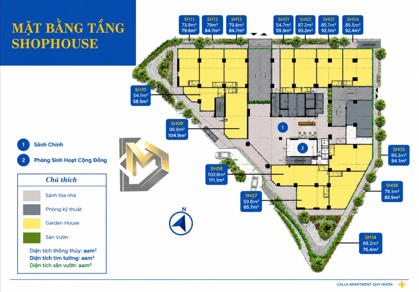 Mặt bằng tầng 1 The Calla Quy Nhơn khu thương mại shophouse