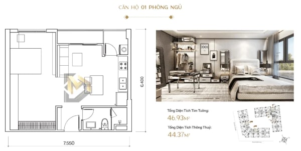 Thiết kế căn hộ 1PN+ First Heights Simona Heights khoảng 44m2