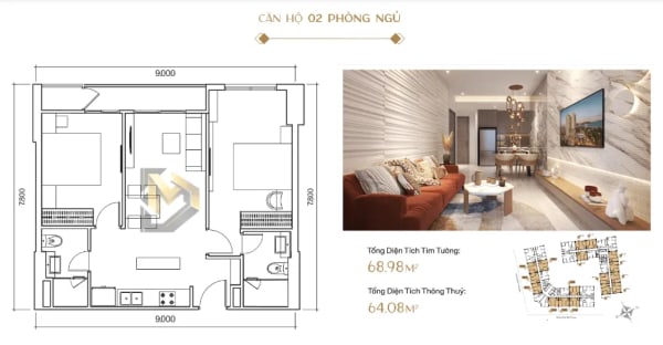 Thiết kế mặt bằng căn hộ 2PN Profit Heights Simona Heights Quy Nhơn