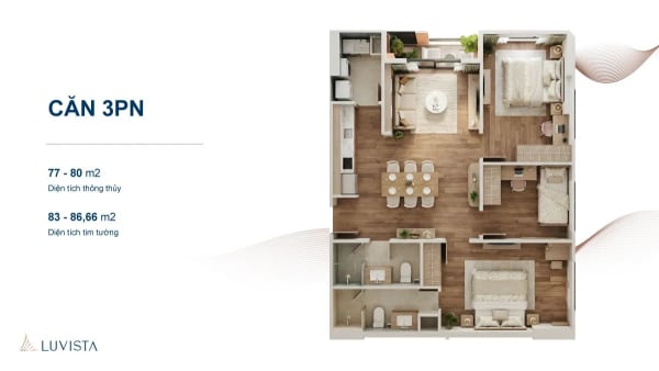 Thiết kế căn hộ 3 phòng ngủ Luvista Quy Nhơn diện tích 77 đến 80 m2