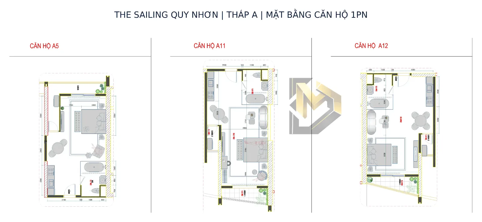 Mặt bằng thiết kế căn hộ 1 phòng ngủ Tháp A The Sailing Quy Nhơn