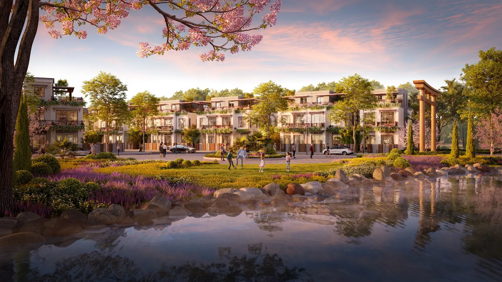 Phối cảnh biệt thự song lập Baia Retreat Hội Vân bên hồ cảnh quan